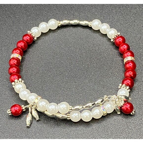 White & Red Faux Pearl Memory Wire Bracelet by Neanie-Bot - Picture 2 of 2